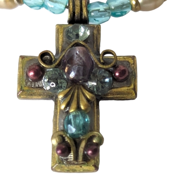 Vintage Michal Golan Handcrafted Semipreciius Stone Beads Ornate Cross Necklace - Picture 6 of 8
